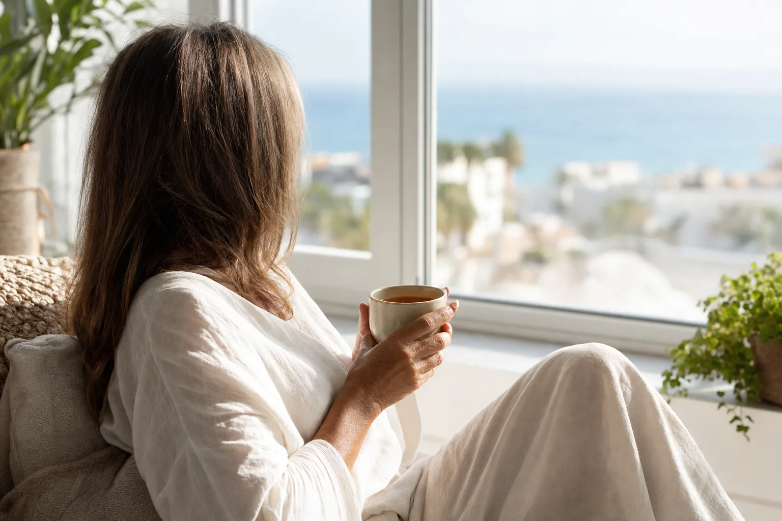 Woman in her late forties sitting calmly with a cup of tea by a sunlit window overlooking the Costa del Sol coastline